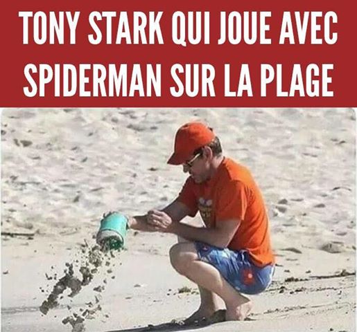 Tony stark qui joue avec spiderman sur la plage 