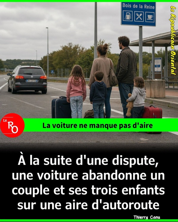 Image d'une famille de cinq personnes avec bagages sur le côté d'une autoroute, une voiture s'éloignant dans le lointain, panneau bleu 'Bois de la Reine' et bandeau vert avec texte 'La voiture ne manque pas d'aire'.