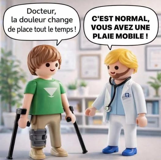 Figurines Playmobil : un patient garçon avec une jambe blessée et des béquilles, t-shirt vert, face à un docteur en blouse blanche avec stéthoscope dans un cabinet médical, bulles de dialogue en français.