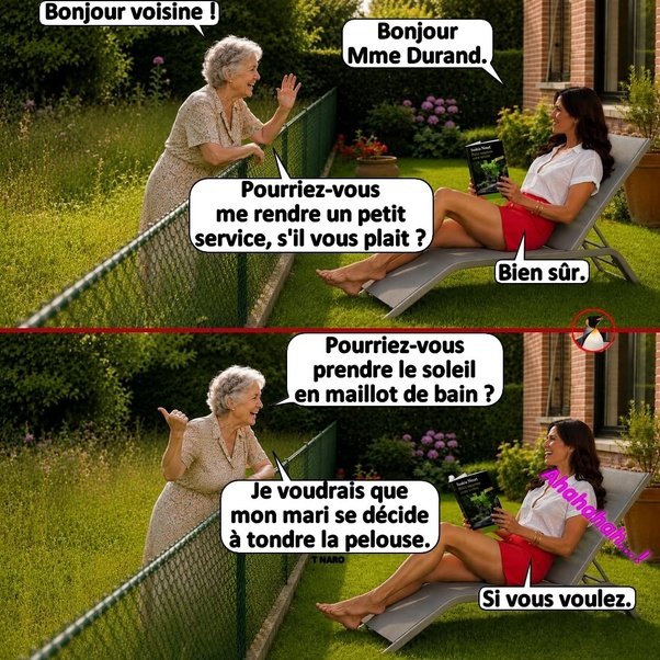 Deux panneaux d'une bande dessinée humoristique dans un jardin : une femme âgée aux cheveux gris discute avec une jeune femme brune en t-shirt blanc et short rouge assise sur une chaise longue. Bulles de texte en français.