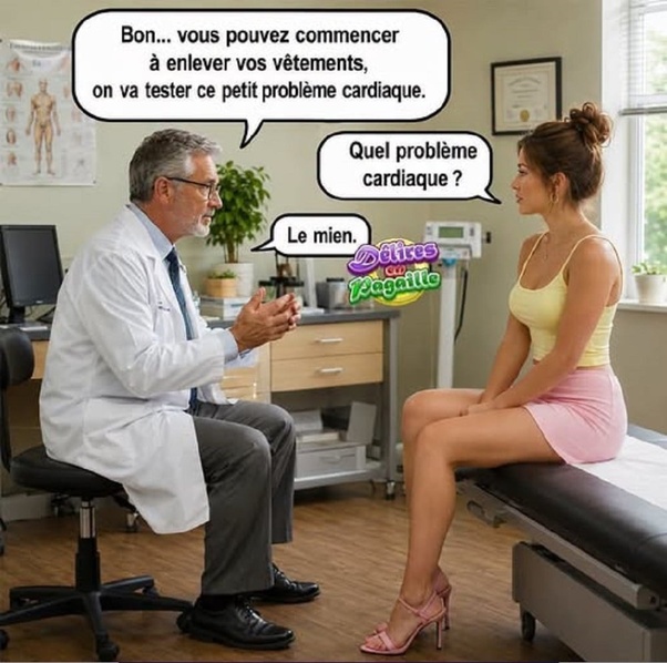 Médecin en blouse blanche face à une patiente en débardeur jaune et jupe rose assise sur une table d'examen dans un cabinet médical avec bulles de dialogue.