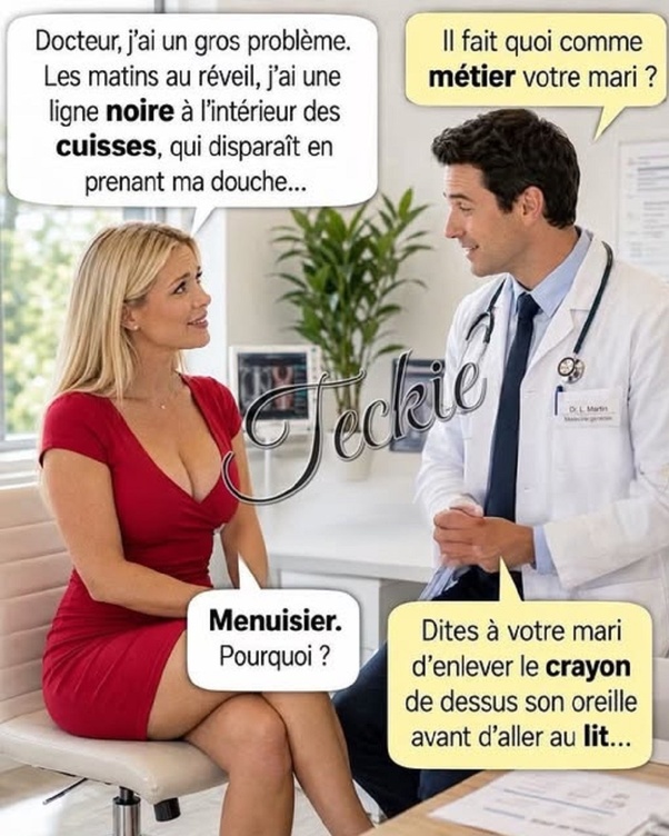 Femme blonde en robe rouge sur table d'examen face à un médecin en blouse blanche avec stéthoscope dans un cabinet. Bulles de texte en français sur un problème médical et le métier du mari.