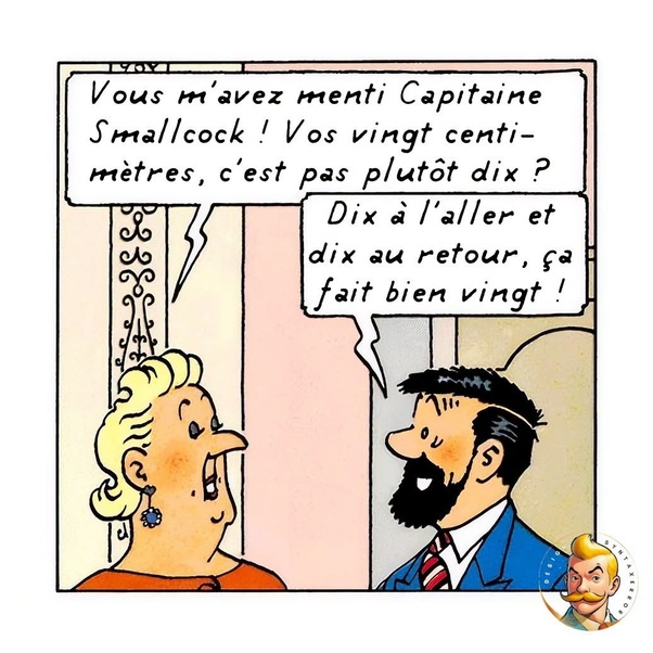 Image de bande dessinée : une femme blonde aux cheveux bouclés en haut orange confrontant un homme barbu en costume bleu et cravate rayée rouge qui sourit, avec des bulles de dialogue en français.