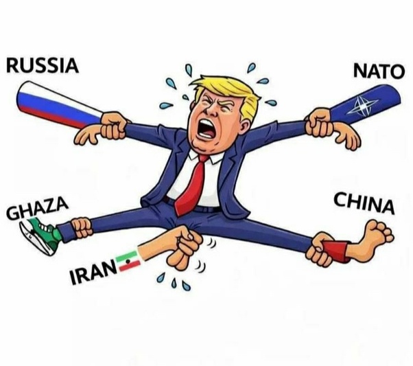 Donald Trump en costume bleu criant, tiré dans quatre directions par des mains et battes avec les logos de la Russie, de l'OTAN, de la Chine et de l'Iran.