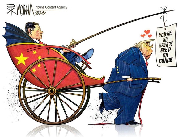 Caricature politique où Donald Trump tire un pousse-pousse rouge orné du drapeau chinois dans lequel Xi Jinping est assis, avec une pancarte "YOU'RE SO GREAT! KEEP ON GOING!" accrochée au-dessus avec des coeurs.