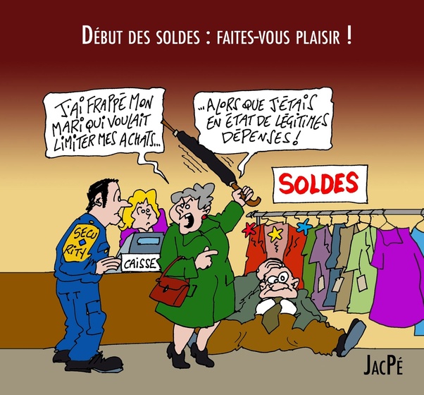 Dessin cartoon d'une femme âgée brandissant un parapluie sur un homme au sol dans un magasin en soldes. Un agent de sécurité et une autre femme surprise près de la caisse. Texte en haut : 'DÉBUT DES SOLDES : FAITES-VOUS PLAISIR !' Bulles de dialogue en français.