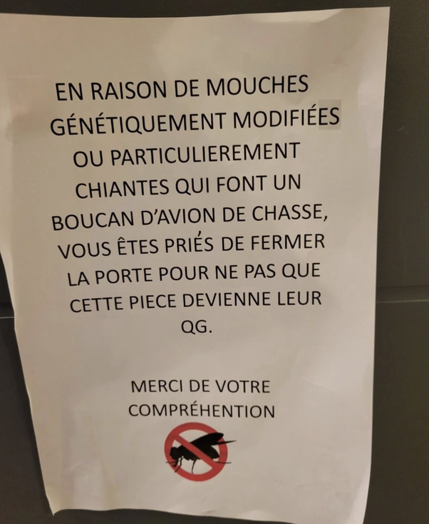 Photographie d'un panneau blanc fixé sur un mur gris avec un texte en français demandant de fermer la porte à cause de mouches génétiquement modifiées bruyantes, et un pictogramme rouge de mouche barrée.