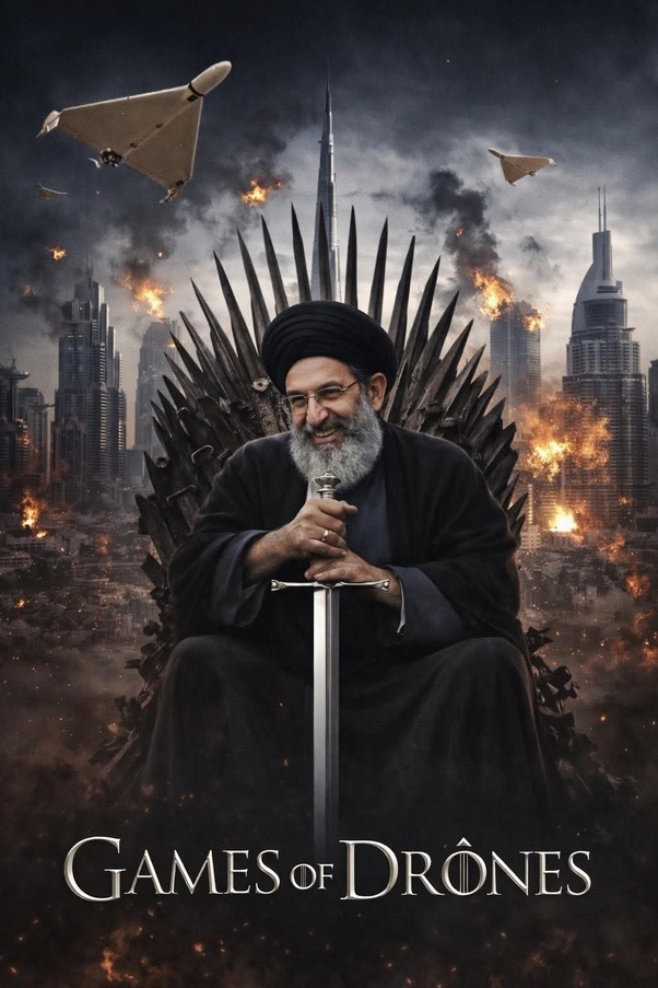 Photomontage humoristique d'un homme âgé barbu portant un turban noir et des lunettes, assis sur le trône de fer en tenant une épée, devant une skyline de gratte-ciel en flammes avec des drones volants, et le texte GAMES OF DRÔNES en bas.