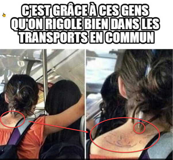 Image divisée montrant une femme de dos dans un bus avec un tatouage du majeur sur la nuque, avec flèche rouge et cercles.