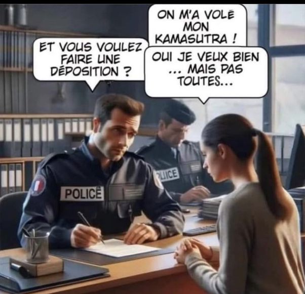 Femme assise face à un policier en uniforme qui remplit un formulaire au commissariat. Un autre agent en arrière-plan. Bulles de texte sur le vol d'un Kamasutra et une déposition.