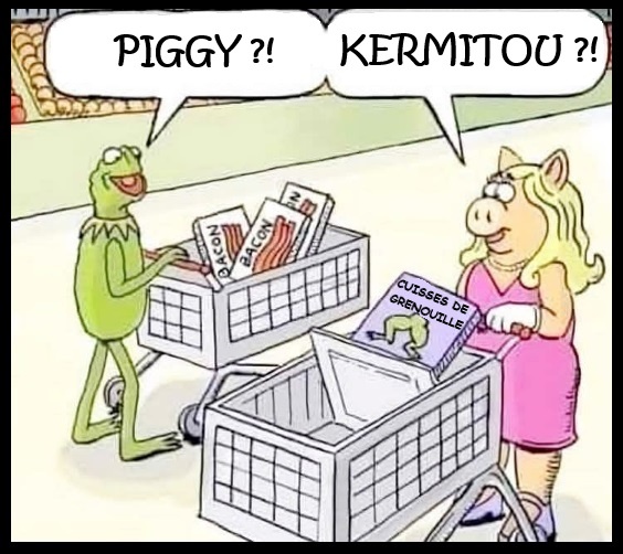 Dessin de Kermit la grenouille poussant un chariot de supermarché rempli de paquets de bacon et de Miss Piggy la cochonne poussant un autre chariot contenant un paquet de cuisses de grenouille, avec des bulles de dialogue "PIGGY ?!" et "KERMITOU ?!" dans un supermarché.