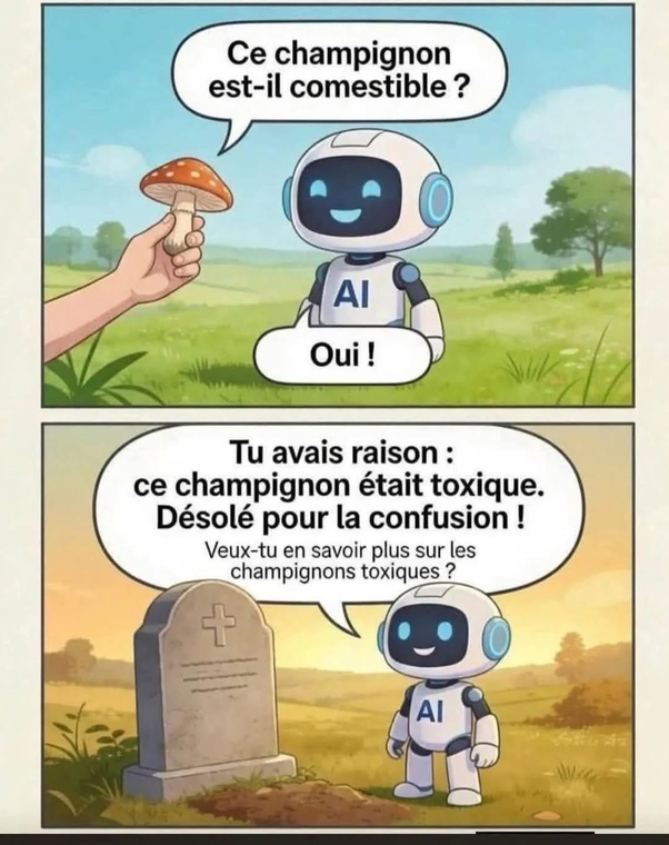Deux panneaux cartoon. Haut : main avec champignon rouge tacheté, robot IA avec 'Oui !' et bulle 'Ce champignon est-il comestible ?'. Bas : robot IA devant tombe avec bulle 'Tu avais raison : ce champignon était toxique. Désolé pour la confusion ! Veux-tu en savoir plus sur les champignons toxiques ?'.
