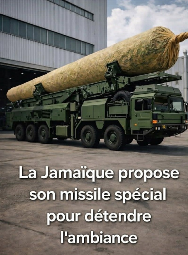 Camion militaire vert transportant un grand cylindre enveloppé en forme de missile sur un lanceur, devant un hangar, avec texte en français en dessous.