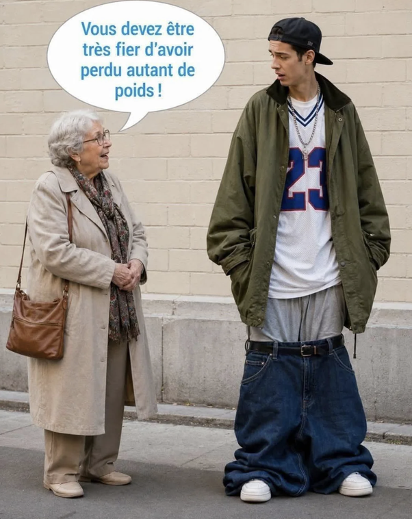 Une femme âgée aux cheveux gris, lunettes et manteau beige parle à un jeune homme portant une casquette noire, une veste verte et des jeans baggy très larges avec une bulle de dialogue au-dessus d'elle.