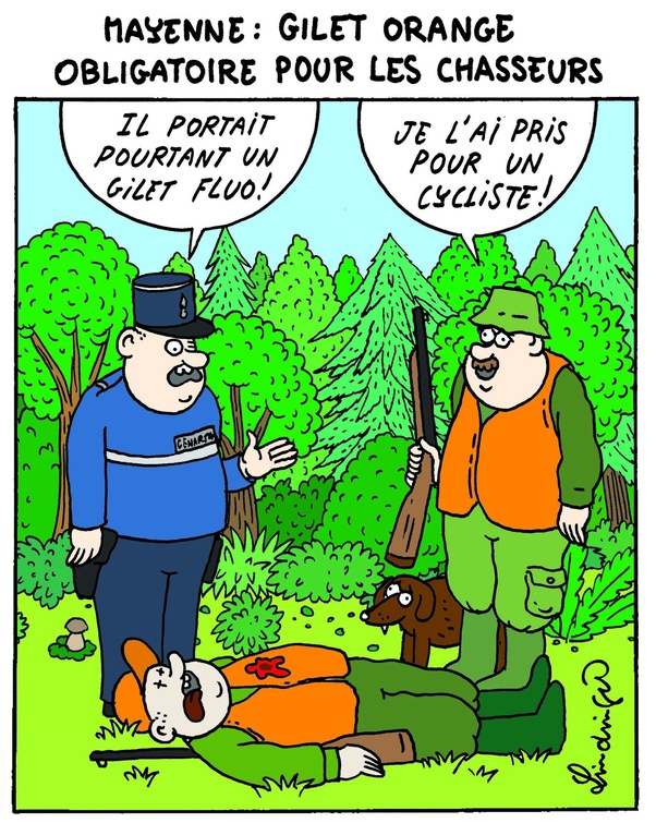 Caricature d'un gendarme en uniforme bleu interrogeant un chasseur en gilet orange avec fusil dans une forêt, un homme au sol en gilet orange avec tache rouge, un chien et un fusil au sol.