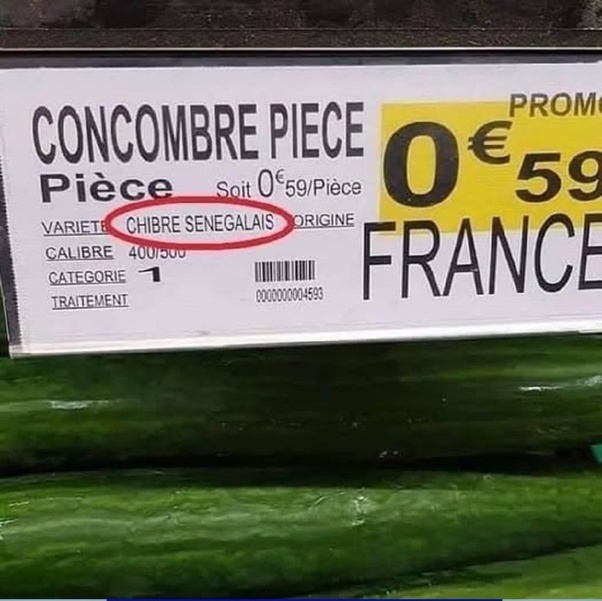 Étiquette de prix de concombres pièce avec la variété Chibre Sénégalais entourée en rouge et prix promotionnel 0,59 euro.