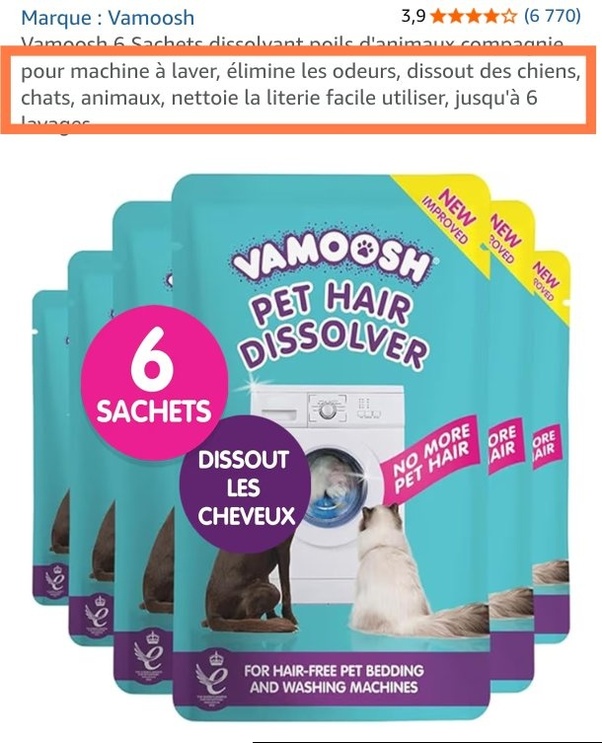 Emballage de six sachets Vamoosh Pet Hair Dissolver turquoise avec un chien brun et un chat blanc devant une machine à laver remplie de poils, textes en anglais et français visibles.