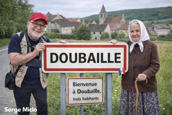 Un homme âgé barbu avec casquette rouge et une femme âgée avec foulard blanc tenant une pancarte 'DOUBAILLE' avec panneau 'Bienvenue à Doubaille, trois habitants', devant un village rural français.
