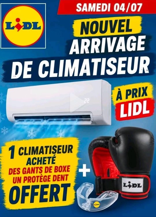 Publicité Lidl montrant un climatiseur blanc soufflant de l'air froid, des gants de boxe noirs et un protège-dent, avec logo Lidl et textes promotionnels en français pour un nouvel arrivage et cadeaux offerts.