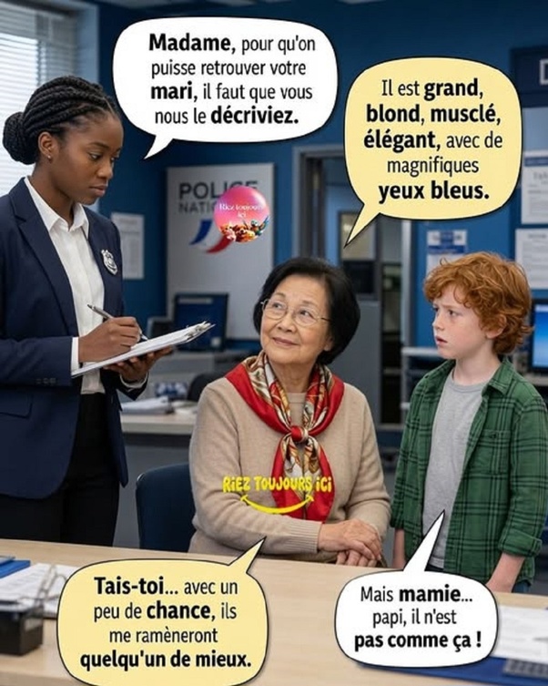 Scène d'interrogatoire dans un commissariat de police : une agente en uniforme tient un bloc-notes face à une grand-mère asiatique en pull beige et foulard rouge. Un petit garçon roux en chemise verte observe à droite. Bulles de texte avec les dialogues.