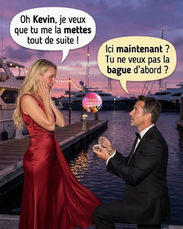 Homme en smoking à genoux sur un quai en bois tenant une bague de fiançailles, femme blonde en robe rouge riant mains sur les joues, bulles de dialogue, yachts et coucher de soleil en arrière-plan.