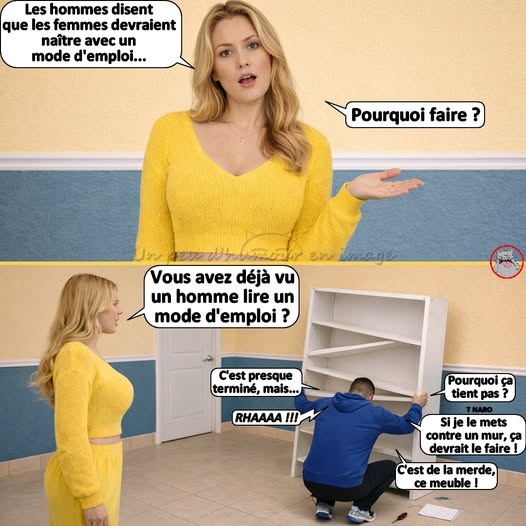 Deux panneaux de bande dessinée. En haut, une femme blonde en pull jaune avec une bulle de texte : 'Les hommes disent que les femmes devraient naître avec un mode d'emploi...'. En bas, la femme observe un homme accroupi en sweat bleu qui assemble une étagère blanche au sol, avec plusieurs bulles montrant sa colère et ses commentaires : 'Pourquoi ça tient pas ?', 'C'est presque terminé, mais...'…