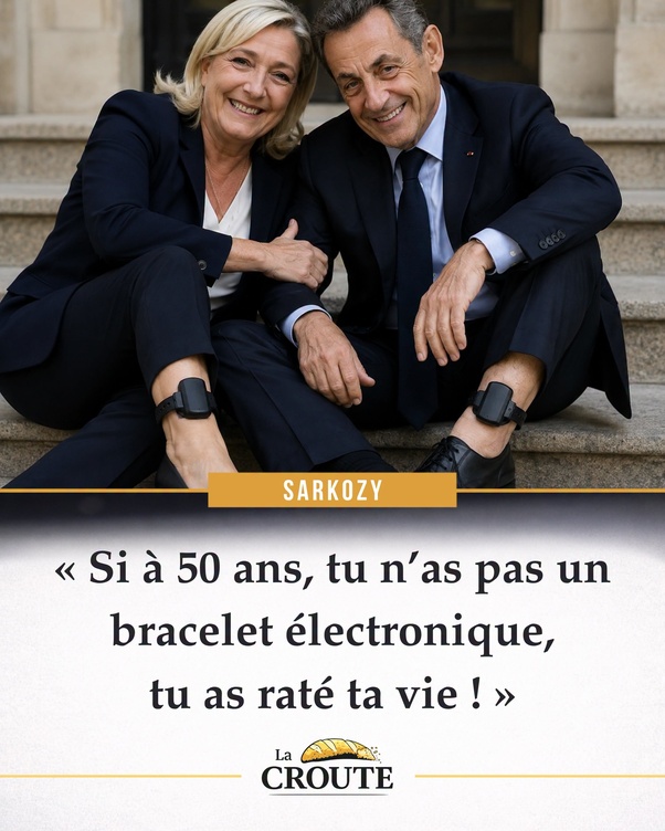 Nicolas Sarkozy et une femme blonde en costumes sombres, assis sur des marches en pierre, souriants, chacun portant un bracelet électronique noir à la cheville. Texte en bas : bannière 'SARKOZY' et citation 'Si à 50 ans, tu n’as pas un bracelet électronique, tu as raté ta vie !'.
