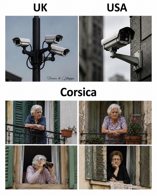 Collage comparatif divisé en sections : en haut UK avec poteau de caméras de surveillance, USA avec caméra murale, et en bas Corsica avec quatre images de femmes âgées observant depuis balcons et fenêtres, une utilisant des jumelles.