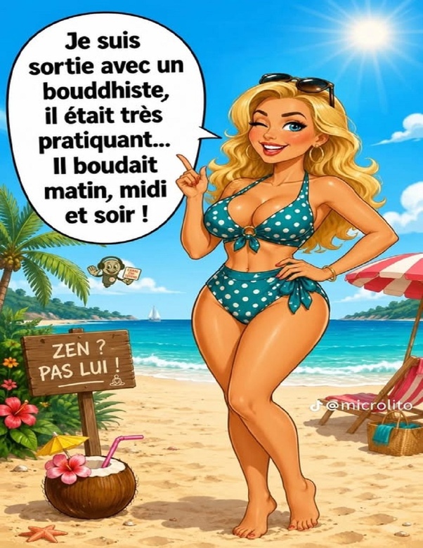Caricature d'une femme blonde en bikini turquoise à pois blancs sur une plage tropicale ensoleillée, faisant un clin d'œil et pointant du doigt avec une bulle de dialogue humoristique.