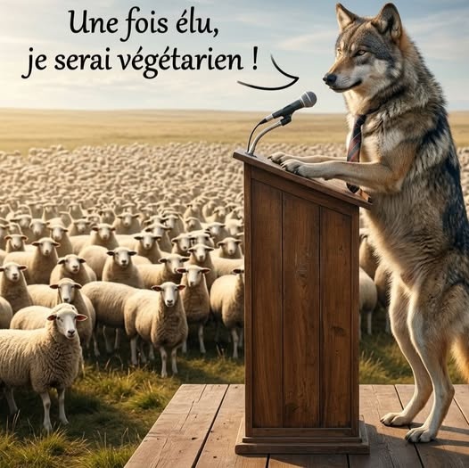 Loup anthropomorphe en cravate derrière un pupitre en bois avec microphone dans un champ, avec un troupeau de moutons blancs et le texte 'Une fois élu, je serai végétarien !' en haut.