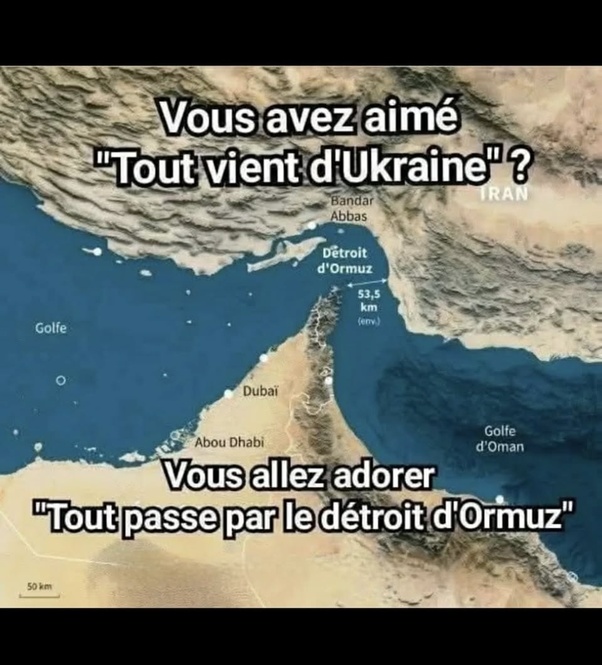 Carte satellite du Moyen-Orient centrée sur le détroit d'Ormuz entre l'Iran et les Émirats arabes unis, avec des villes comme Dubaï et Abou Dhabi, et du texte en français superposé en haut et en bas.