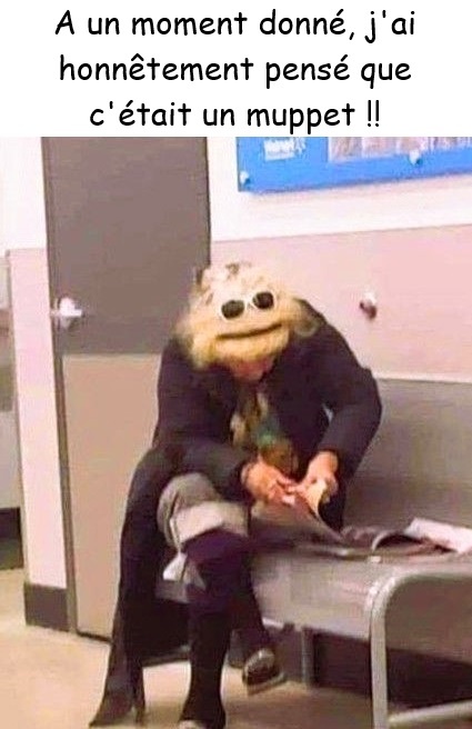 Un homme en costume noir assis sur un banc, tête recouverte d'une fourrure avec de grands yeux ronds et des lunettes, tenant des documents dans les mains.