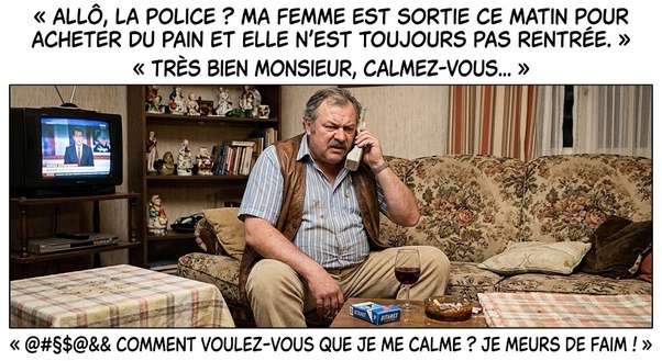 Homme moustachu d'âge mûr en chemise rayée et gilet assis sur canapé fleuri au téléphone. Verre de vin, paquet de cigarettes et cendrier sur table. Vieux téléviseur allumé à gauche. Texte français en haut et en bas.