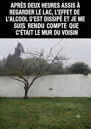Un arbre dépouillé se dresse devant un mur blanc long et plat, avec un texte humoristique noir en haut de l'image.