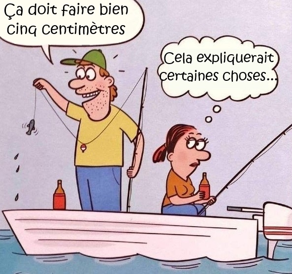 Dessin humoristique d'un homme en casquette verte tenant une canne à pêche avec un très petit poisson, une femme tenant une bouteille dans un bateau blanc sur l'eau.