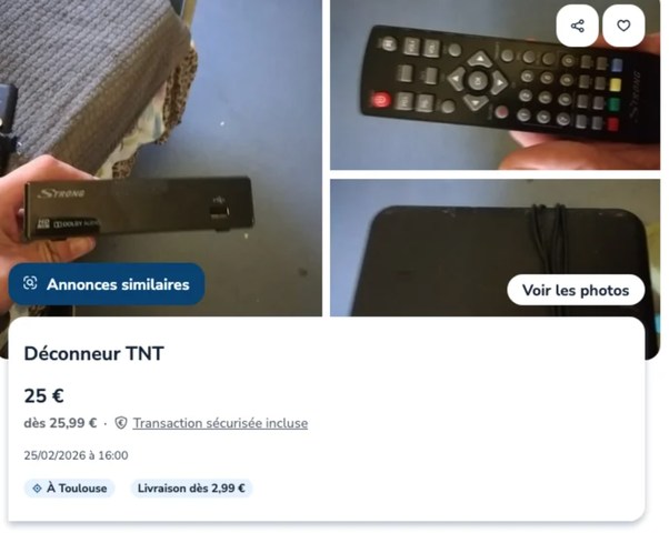 Capture d'écran d'une annonce Leboncoin pour un décodeur TNT STRONG à 25 euros à Toulouse. Photos de la boîte noire tenue à la main, de la télécommande et de l'arrière de l'appareil avec des câbles.