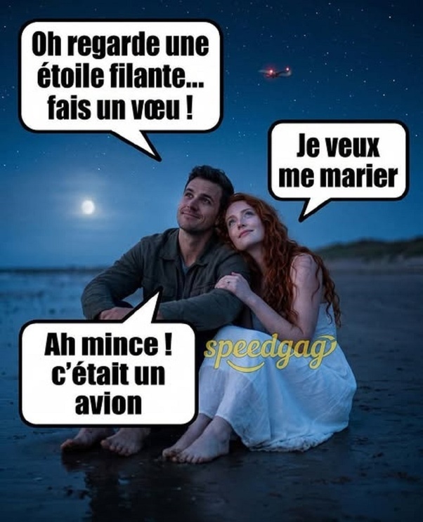 Un homme et une femme rousse sur une plage la nuit blottis l'un contre l'autre regardent le ciel étoilé avec la lune. Bulles : 'Oh regarde une étoile filante... fais un vœu !', 'Je veux me marier' et 'Ah mince ! c'était un avion'. Avion rouge visible.