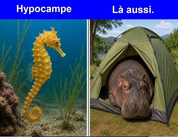 Image divisée en deux parties. À gauche : hippocampe jaune dans l'océan avec texte 'Hypocampe'. À droite : hippopotame dans une tente verte de camping avec texte 'Là aussi.'
