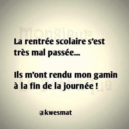 Texte noir sur fond clair : La rentrée scolaire s’est très mal passée... Ils m’ont rendu mon gamin à la fin de la journée ! @kwesmat
