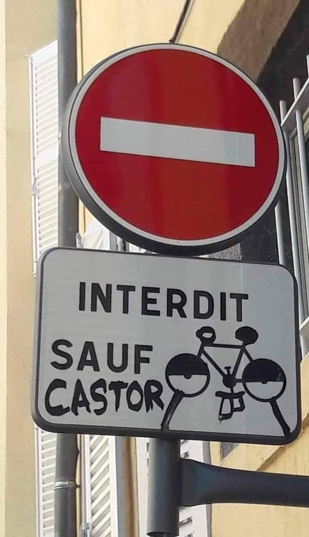 Panneau rouge d'interdiction au-dessus d'un panneau blanc portant l'inscription INTERDIT SAUF CASTOR en noir, accompagné de deux illustrations cartoon de personnages à grosses têtes et d'un vélo.