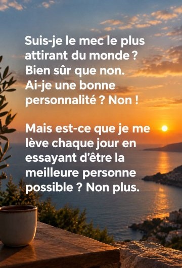 Coucher de soleil sur la mer avec une tasse blanche sur une table en bois et texte superposé en français.