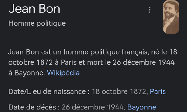 Capture d'écran d'une fiche d'information sur Jean Bon, homme politique français, avec portrait, biographie complète et dates de naissance à Paris et de décès à Bayonne.