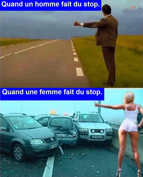 Meme en deux images. Partie supérieure : un homme en costume marron fait du stop au bord d'une route déserte avec un ciel orageux. Partie inférieure : une femme en robe blanche fait du stop devant plusieurs voitures accidentées sur une autoroute.