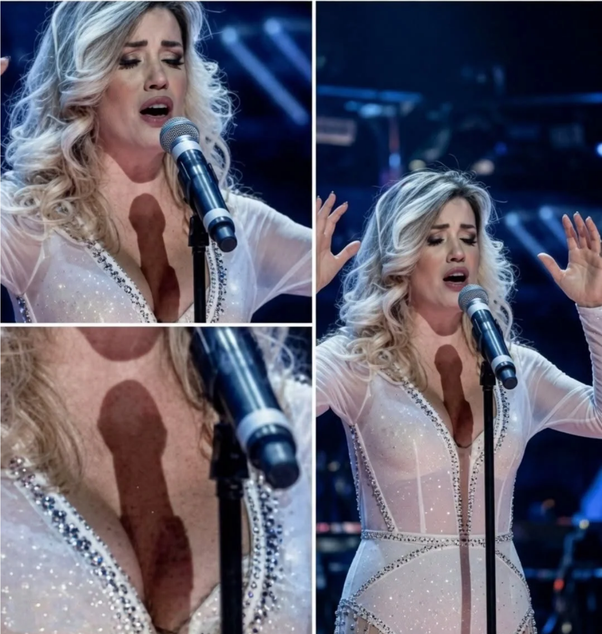 Photomontage en trois parties d'une chanteuse blonde aux cheveux longs en robe blanche avec strass, chantant au micro sur scène, avec une tache brune en forme de pénis sur le décolleté vue de près et de loin.