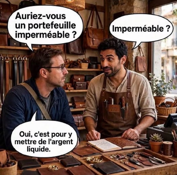 Deux hommes dans une boutique de maroquinerie. Client aux lunettes et bandoulière face à un artisan en tablier 'CUIR et CO' tenant un portefeuille ouvert. Bulles de dialogue : 'Auriez-vous un portefeuille imperméable ?', 'Impermeable ?', 'Oui, c'est pour y mettre de l'argent liquide.'