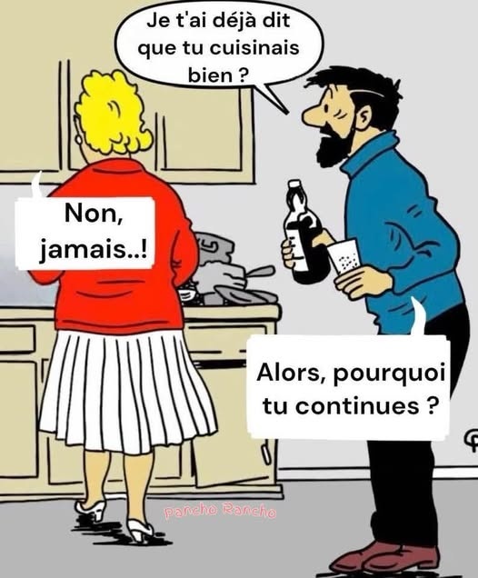 Dessin humoristique d'une femme blonde vue de dos dans une cuisine, portant une veste rouge et une jupe blanche. Face à elle, un homme barbu en pull bleu tenant une bouteille de vin et un document. Bulles de texte avec dialogue en français sur la cuisine.