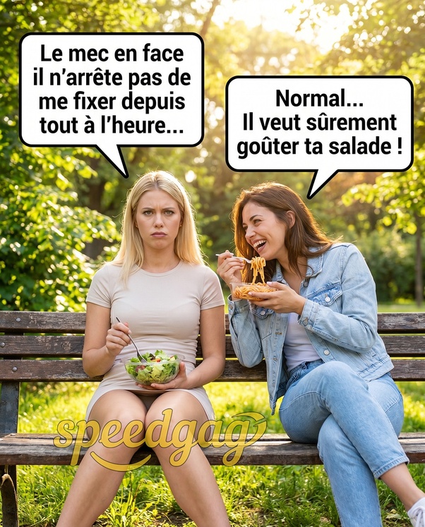 Deux femmes sur un banc dans un parc ensoleillé. La blonde agacée tient un bol de salade, la brune rit en mangeant des spaghettis avec des bulles de dialogue.