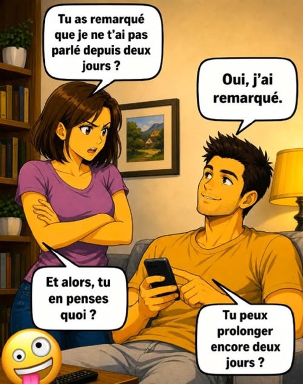 Dessin animé montrant une femme aux cheveux courts bruns en t-shirt violet, bras croisés et expression fâchée, face à un homme en t-shirt jaune assis qui sourit en tenant un téléphone. Bulles de dialogue en français et un emoji riant en bas.