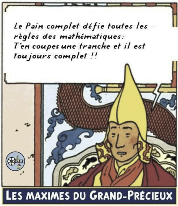 Image humoristique en style bande dessinée d'un personnage avec un haut chapeau jaune pointu, robe rouge et jaune, assis sur un fauteuil orné, un grand phylactère avec texte sur le pain complet et les mathématiques, et en bas le titre LES MAXIMES DU GRAND-PRÉCIEUX.