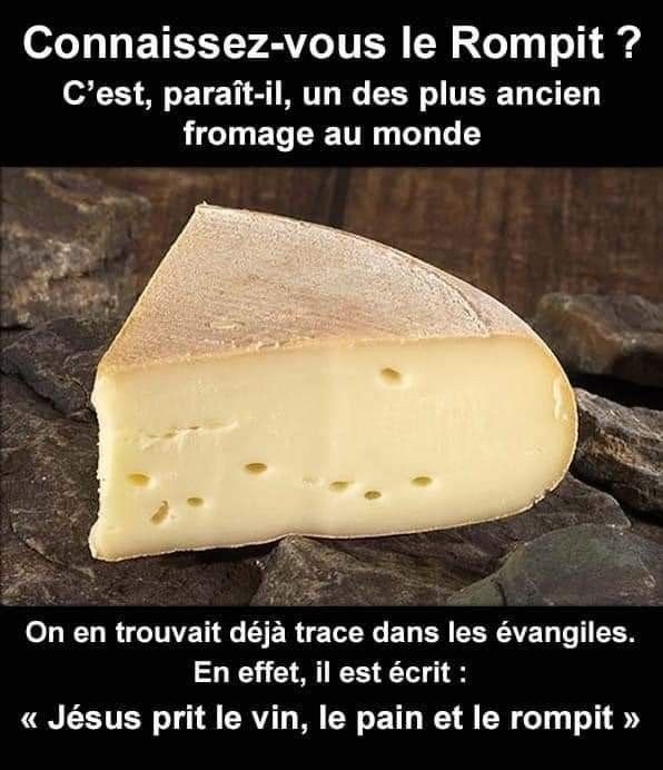 Morceau triangulaire de fromage jaune pâle avec croûte sur des rochers sombres. Texte en haut et en bas en français sur fond noir.